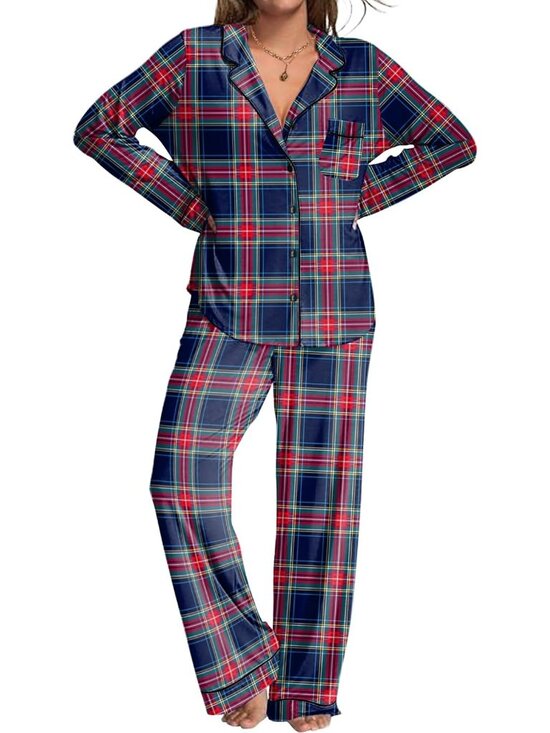 Other - Women's Red Green Plaid Button Down Long Sleeve Shirt Sleepwear Pajamas Set